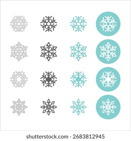 Eine Serie von Schneeflocken in verschiedenen Größen und Formen. Die Schneeflocken sind ganz blau und weiß