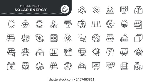 Serie - Energía solar, batería solar. Conjunto de iconos de línea en estilo lineal. Convertidor fotovoltaico de energía solar en corriente eléctrica. Energía renovable.colección de iconos de esquema. Pictograma conceptual