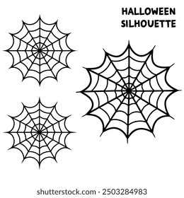 A series of spiderweb variations of Halloween party decorations on black mesh patterns vector lines.