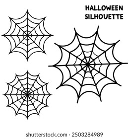 A series of spiderweb variations of Halloween party decorations on black mesh patterns vector lines.