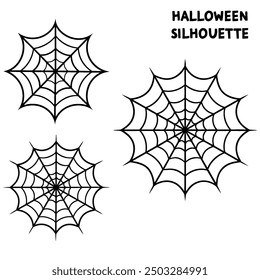 A series of spiderweb variations of Halloween party decorations on black mesh patterns vector lines.