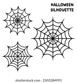 A series of spiderweb variations of Halloween party decorations on black mesh patterns vector lines.