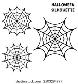 A series of spiderweb variations of Halloween party decorations on black mesh patterns vector lines.