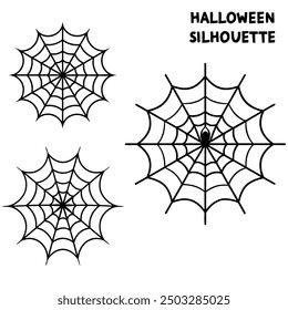 A series of spiderweb variations of Halloween party decorations on black mesh patterns vector lines.