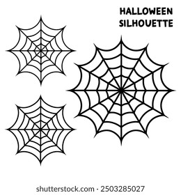 A series of spiderweb variations of Halloween party decorations on black mesh patterns vector lines.