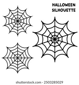 A series of spiderweb variations of Halloween party decorations on black mesh patterns vector lines.