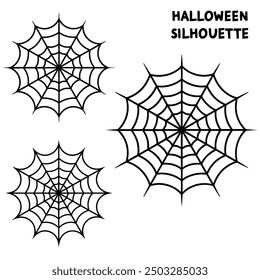 A series of spiderweb variations of Halloween party decorations on black mesh patterns vector lines.