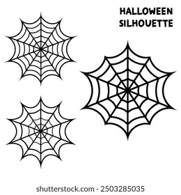 A series of spiderweb variations of Halloween party decorations on black mesh patterns vector lines.