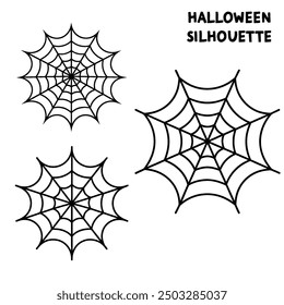 A series of spiderweb variations of Halloween party decorations on black mesh patterns vector lines.