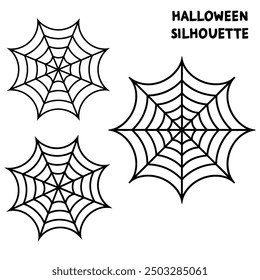 A series of spiderweb variations of Halloween party decorations on black mesh patterns vector lines.