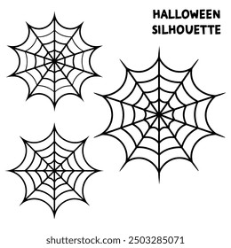 A series of spiderweb variations of Halloween party decorations on black mesh patterns vector lines.