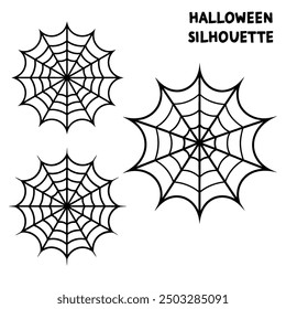 A series of spiderweb variations of Halloween party decorations on black mesh patterns vector lines.