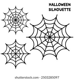 A series of spiderweb variations of Halloween party decorations on black mesh patterns vector lines.