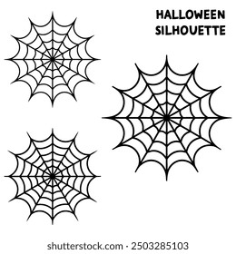 A series of spiderweb variations of Halloween party decorations on black mesh patterns vector lines.