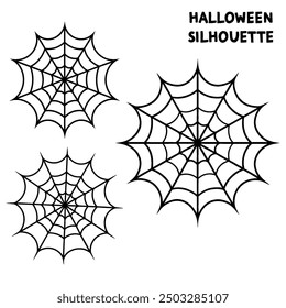 A series of spiderweb variations of Halloween party decorations on black mesh patterns vector lines.