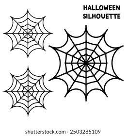 A series of spiderweb variations of Halloween party decorations on black mesh patterns vector lines.