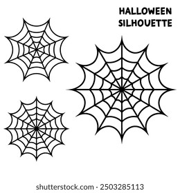 A series of spiderweb variations of Halloween party decorations on black mesh patterns vector lines.