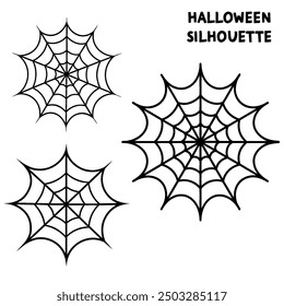 A series of spiderweb variations of Halloween party decorations on black mesh patterns vector lines.