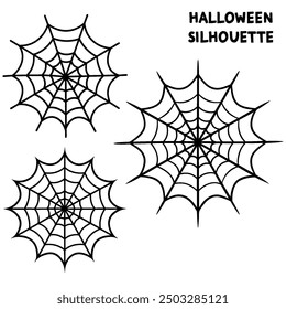 A series of spiderweb variations of Halloween party decorations on black mesh patterns vector lines.