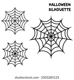 A series of spiderweb variations of Halloween party decorations on black mesh patterns vector lines.