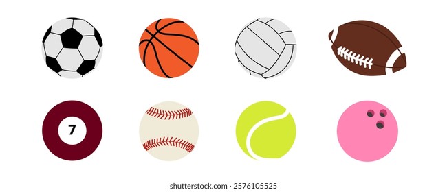 Series of sports balls: equipment for football, tennis, volleyball, bowling, baseball, basketball, billiards, and soccer. A set of flat vector illustrations of playing balls.