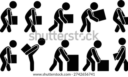 A series of stick figures demonstrating various methods of lifting and carrying a box