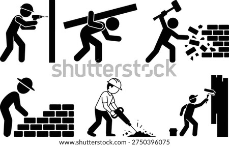 A series of stick figures demonstrating various construction and building techniques