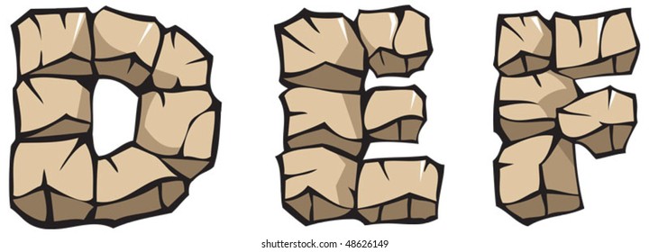 Series of Stone alphabet: letters DEF, hand drawing font, vector illustration