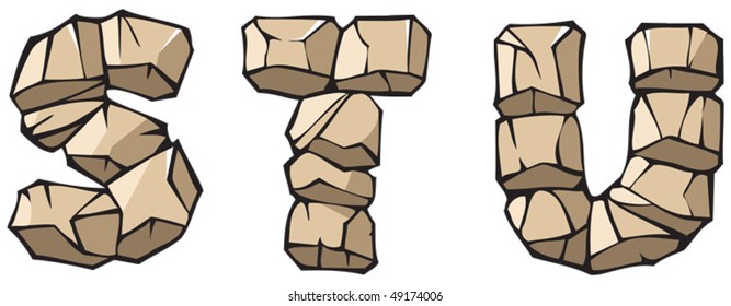 Series of Stone alphabet: letters STU, hand drawing font, vector illustration