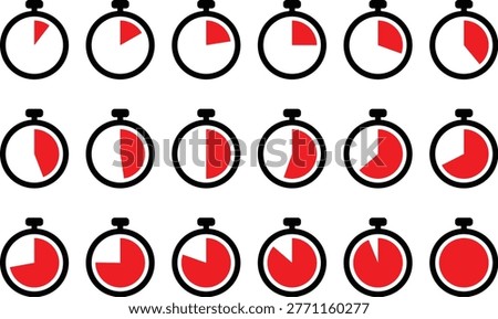 a series of stopwatch icons showing different time intervals from zero to full red indicating passage of time high quality professional