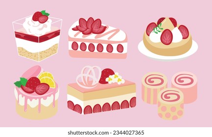 Series of strawberry dessert in flat color vector style	Set4