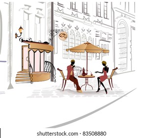 Series of street cafe in sketches