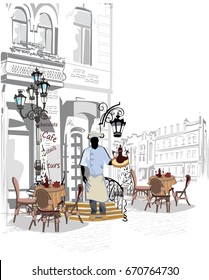 Series of street cafe views in the old city. Hand drawn vector architectural background with historic buildings.
