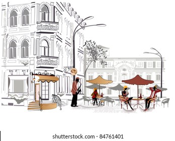 Series of street cafes in the city with musician