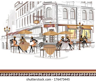 Series of street cafes in the city with people drinking coffee 