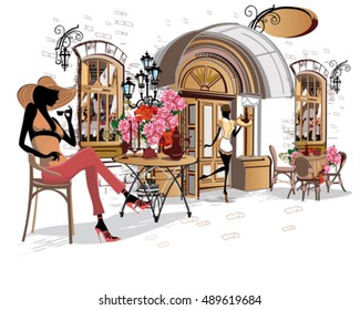 Series of street cafes in the city with people drinking coffee. Girl in the street cafe. 