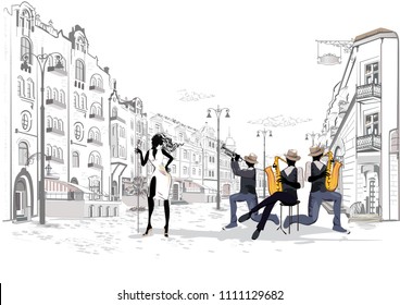 Series of the street cafes with fashion people, men and women, in the old city. Street musicians in the city. Jazz band. Hand drawn vector illustration with retro buildings.