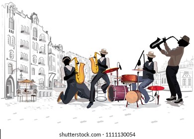 Series Of The Street Cafes With Fashion People, Men And Women, In The Old City. Street Musicians In The City. Jazz Band. Hand Drawn Vector Illustration With Retro Buildings.