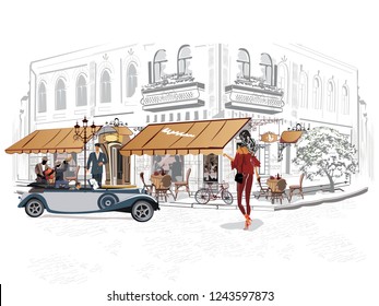 Series of the street cafes with fashion people, men and women, in the old city, vector illustration. Romantic couples. 