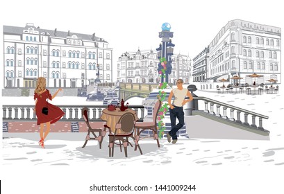 Series of the street cafes with fashion people, men and women, in the old city, vector illustration.
