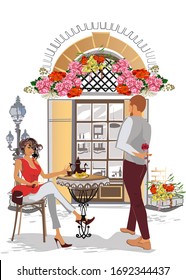 Series of the street cafes with fashion people, men and women, in the old city, vector illustration. Waiters serve the tables. 