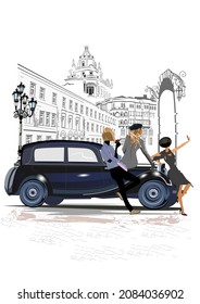 Series of the street cafes with fashion people, men and women, in the old city. Street musicians in the city. Jazz band. Hand drawn vector illustration with retro buildings.