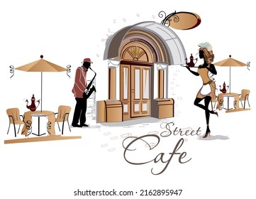 Series of the street cafes with fashion people, men and women, jazz musicians in the old city, vector illustration. Waiters serve the tables. 