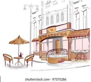 Series of street cafes in the old city