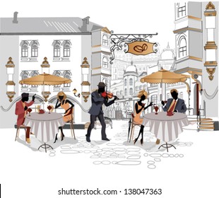 Series of street cafes with people drinking coffee in the city with a musician