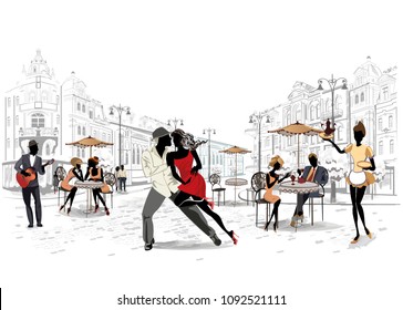 Series of the street cafes with people, men and women, in the old city, vector illustration. Salsa dancers. Waiters serve the tables. 