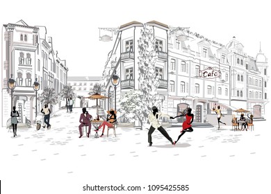 Series of the street cafes with people, men and women, in the old city, vector illustration. Waiters serve the tables. 