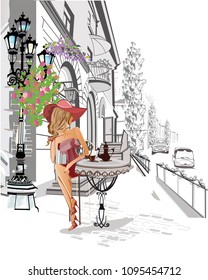 Series of the street cafes with people, men and women, in the old city, vector illustration. Woman in a red hat.