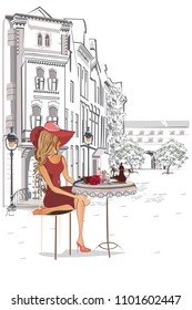 Series of the street cafes with people, men and women, in the old city, vector illustration.  Woman in red hat.