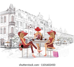 Series of the street cafes with people, men and women, in the old city, vector illustration.  Woman in red hat.